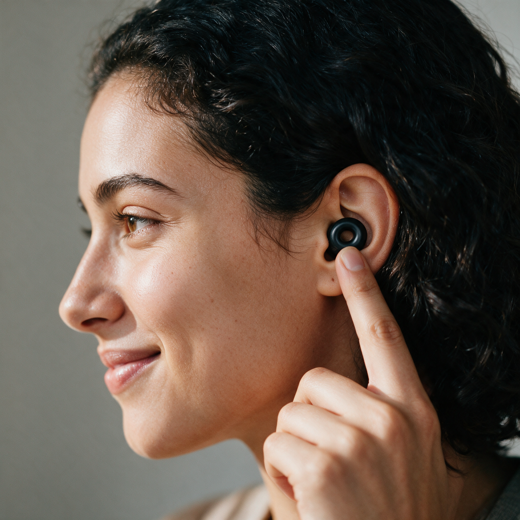 A close-up side profile of a woman with dark curly hair wearing a black in-ear wireless earbud and touching the earpiece with her finger.
